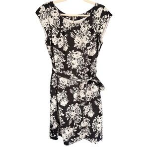 T11 Lands End Black White Floral 100% Linen Cotton Dress Belted Midi Cap Sleeve